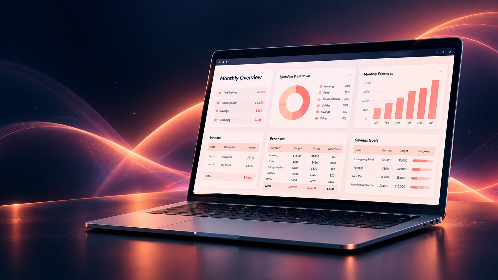 Laptop showing a coral budget dashboard in Google Sheets
